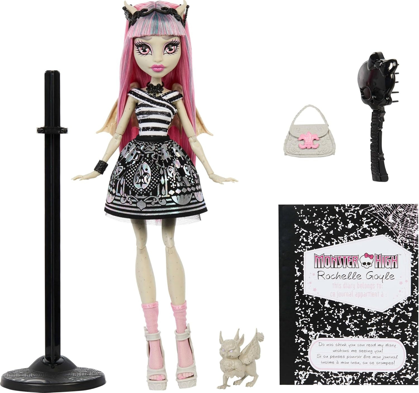 Monster High Boo-riginal Creeproduction Doll, Rochelle Goyle Collectible Reproduction with Doll Stand, Diary, and Pet Gargoyle Griffin Roux
