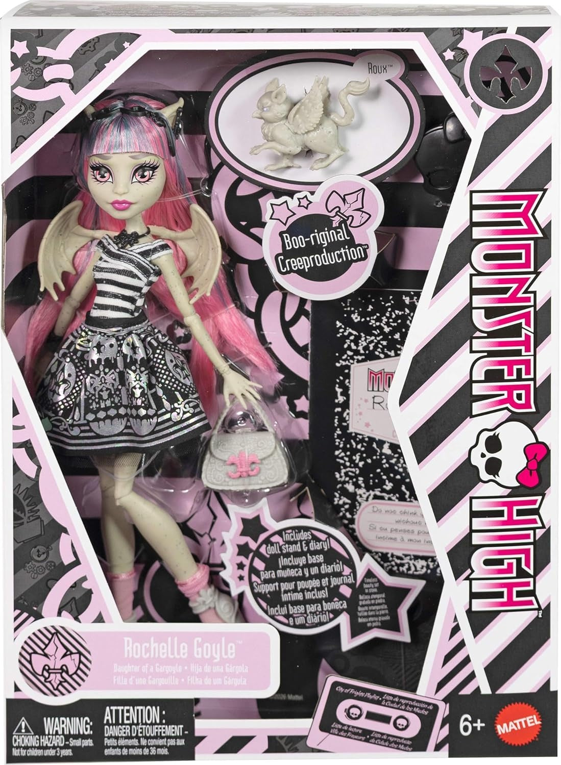 Monster High Boo-riginal Creeproduction Doll, Rochelle Goyle Collectible Reproduction with Doll Stand, Diary, and Pet Gargoyle Griffin Roux