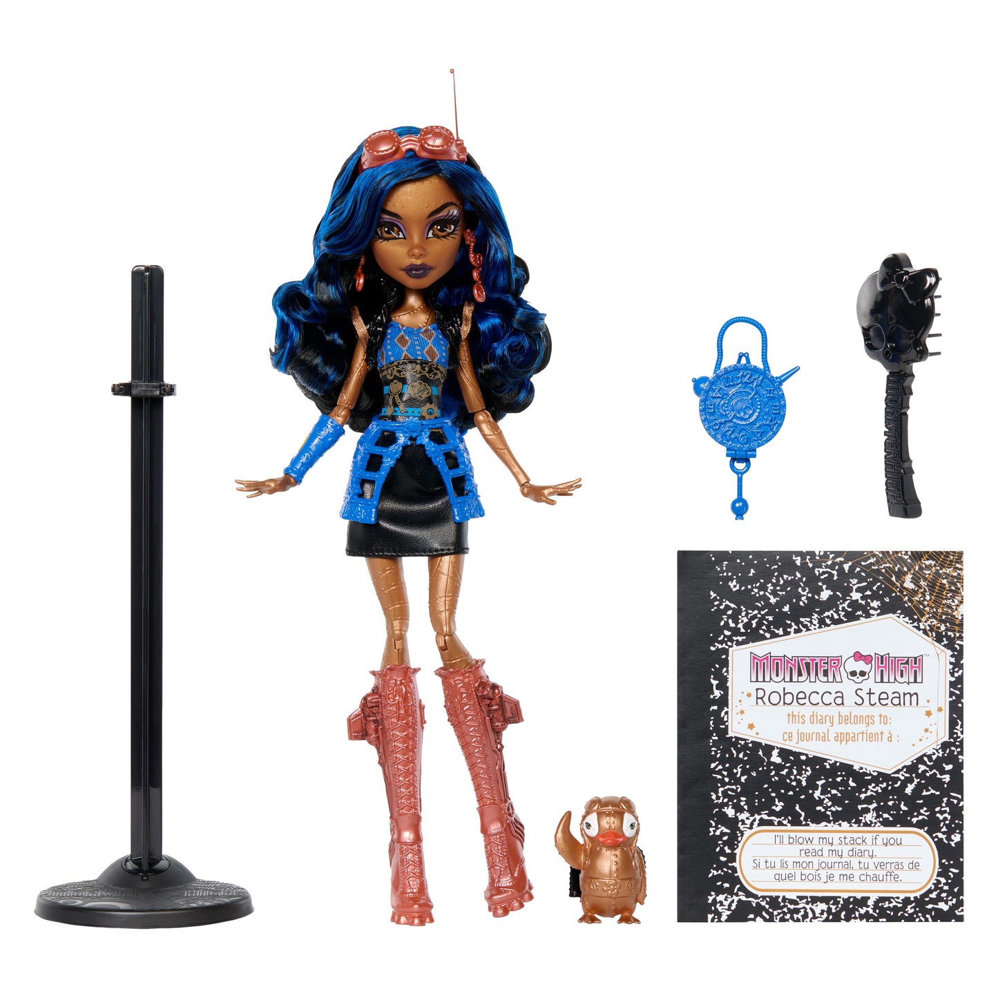 Monster High Boo-riginal Creeproduction Doll, Robecca Steam Collectible Reproduction with Doll Stand, Diary, and Pet Penguin Captain Penny