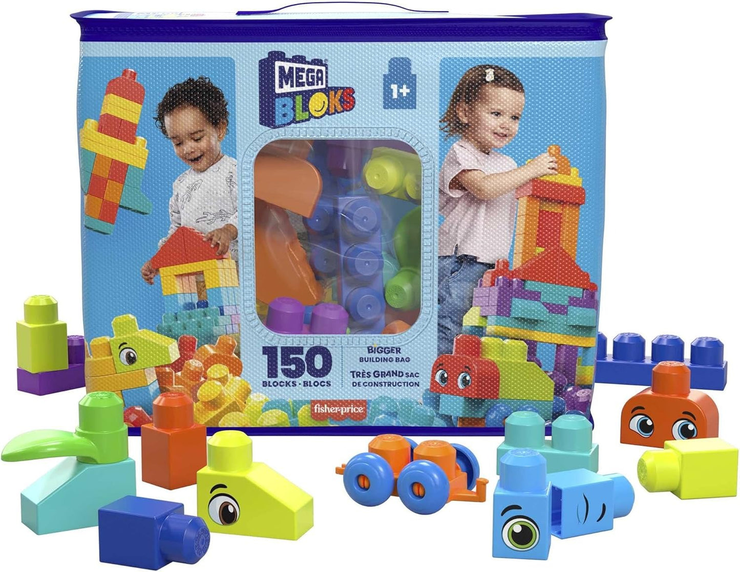 MEGA BLOKS First Builders Toddler Blocks Toys Set, Bigger Building Bag with 150 Pieces and Storage, Creative Open-Ended Play, Blue, Ages 1+ Years
