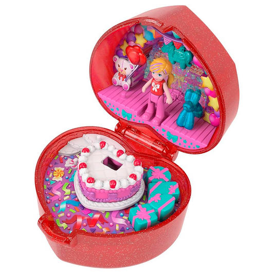 Polly Pocket Mattel 80th Anniversary Compact Playset, Jewelry Box with Doll, Balloon Pet, and Wearable Ring, Ring Box with Celebration Theme