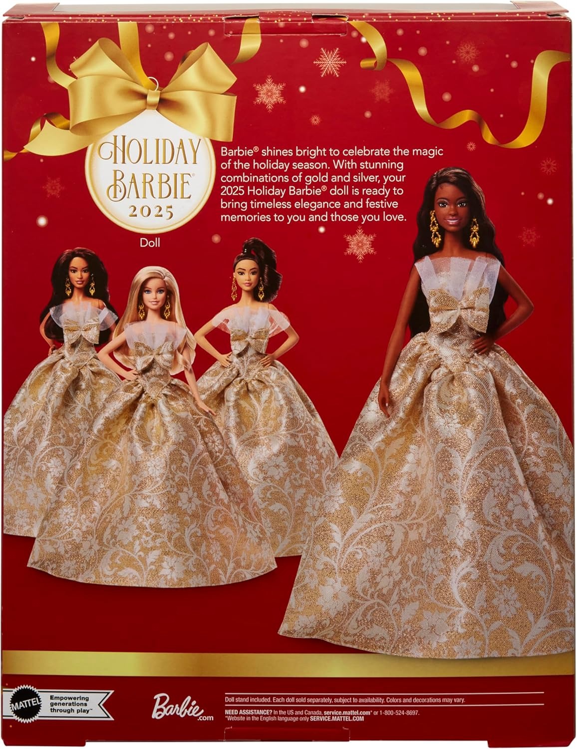 Barbie Signature 2025 Holiday Black Hair Fashion Doll Wearing Silver & Gold Gown, Seasonal Collector in Displayable Packaging & Stand