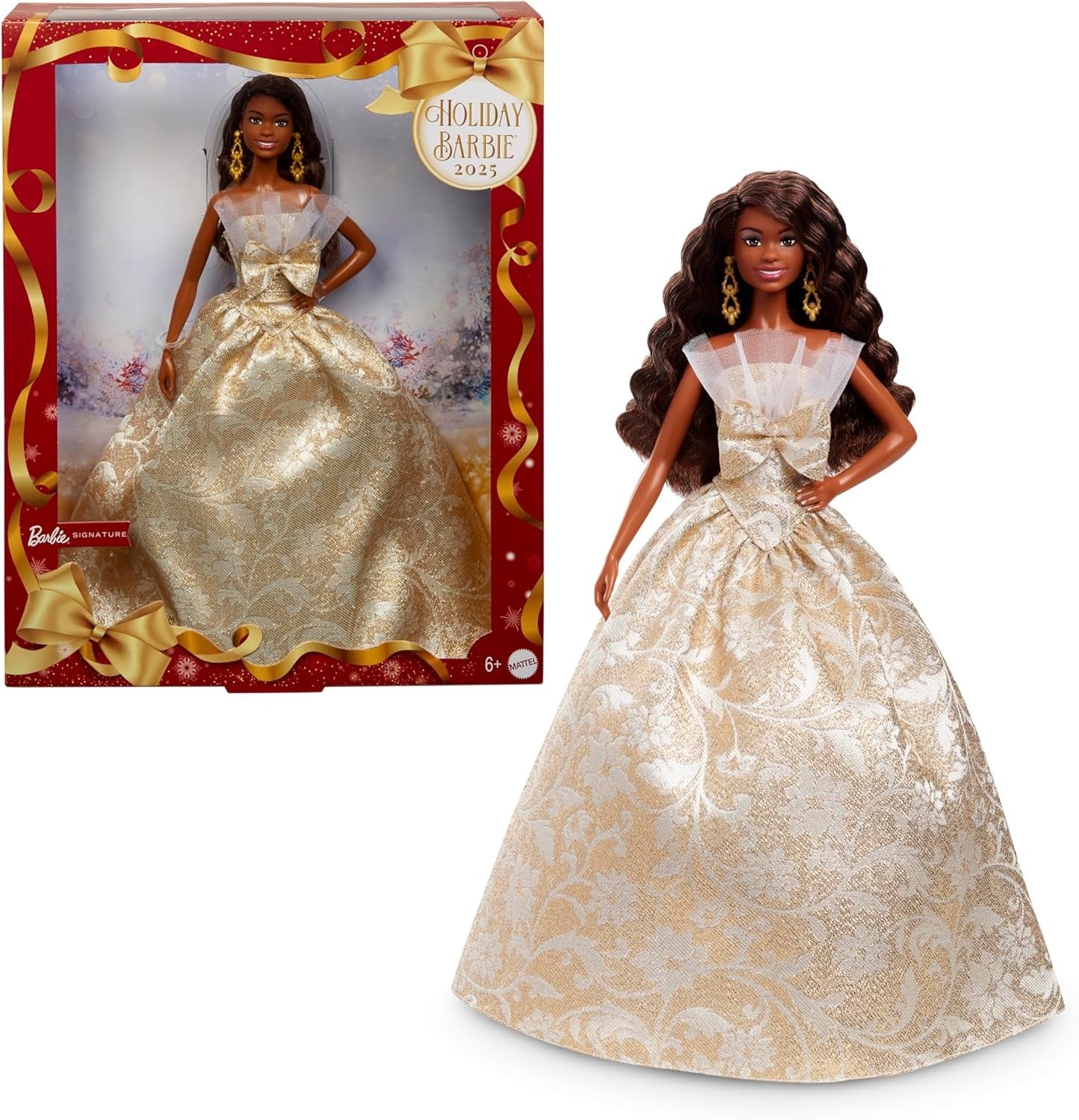 Barbie Signature 2025 Holiday Black Hair Fashion Doll Wearing Silver & Gold Gown, Seasonal Collector in Displayable Packaging & Stand