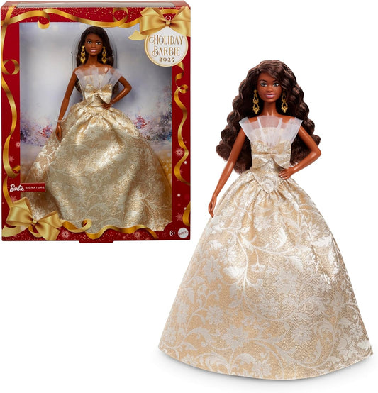 Barbie Signature 2025 Holiday Black Hair Fashion Doll Wearing Silver & Gold Gown, Seasonal Collector in Displayable Packaging & Stand