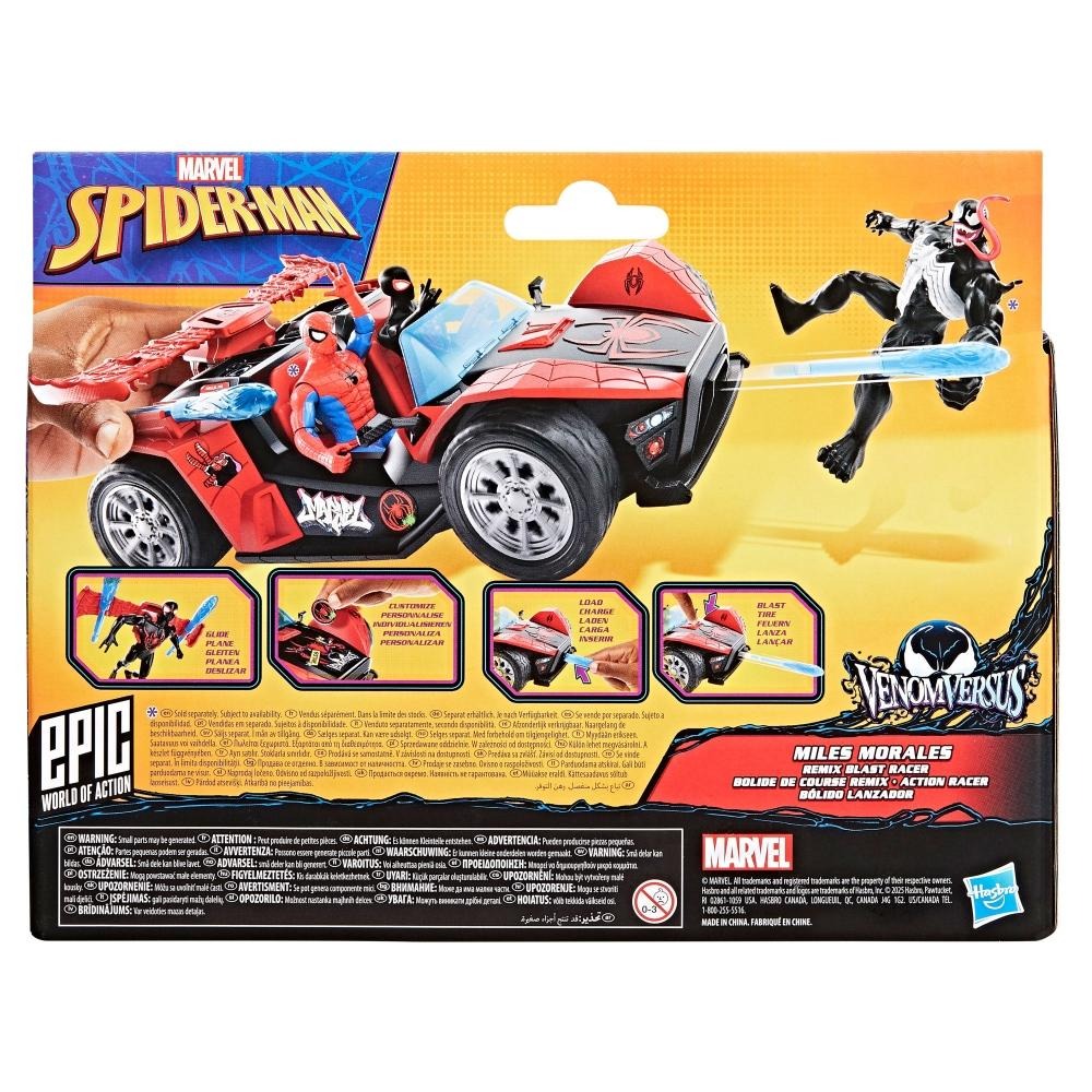 SPIDER-MAN Marvel VenomVersus Epic World of Action Miles Morales Remix Blast Racer 4-Inch (10 CM) Figure & Toy Car, Accessories, Super Hero Toys, 4+