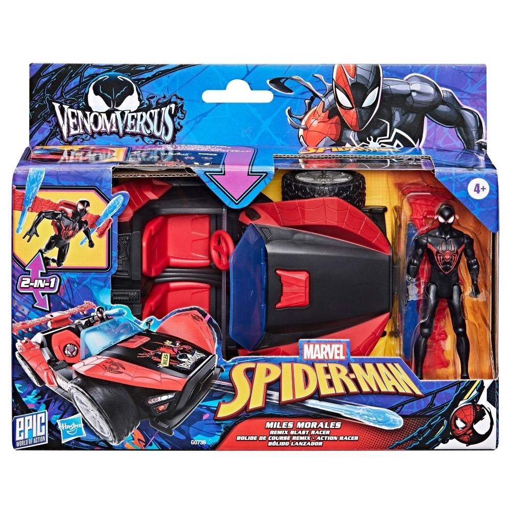 SPIDER-MAN Marvel VenomVersus Epic World of Action Miles Morales Remix Blast Racer 4-Inch (10 CM) Figure & Toy Car, Accessories, Super Hero Toys, 4+
