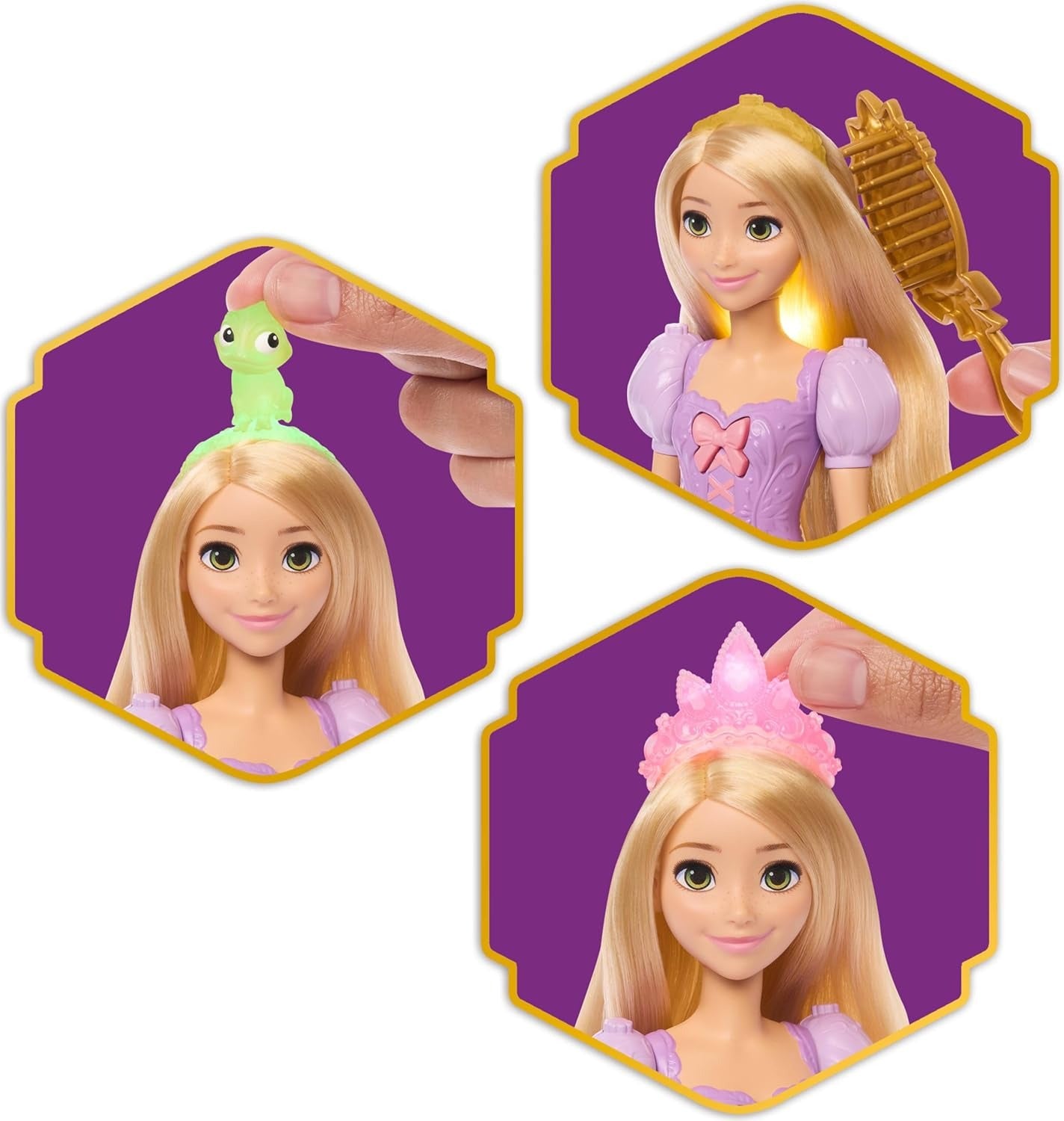 Mattel Disney Princess Rapunzel Fashion Doll w/Light-Up Hair & 4 More Ways to Glow, Pascal Figure & 7 Styling Accessories, Inspired by Tangled Movie