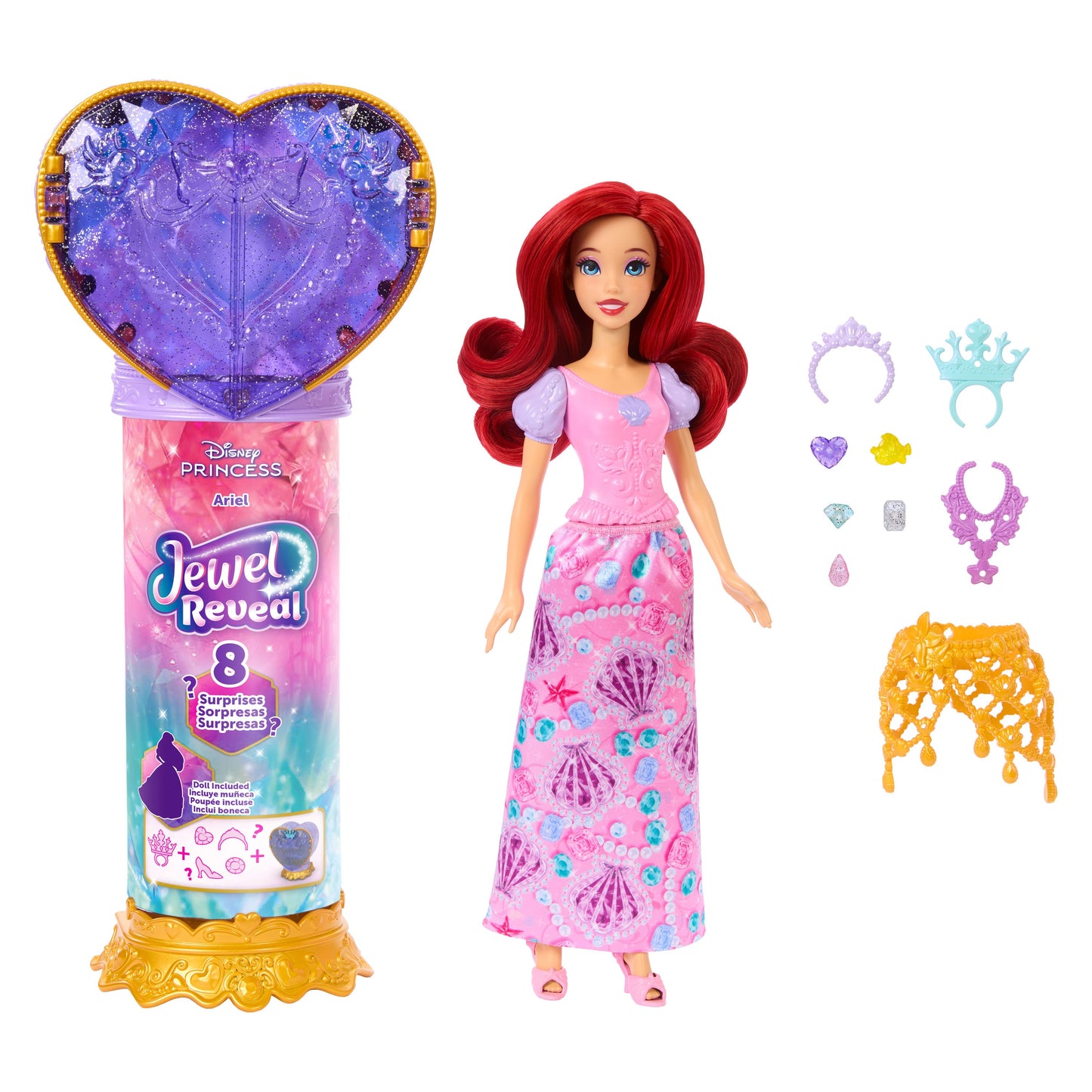 Mattel Disney Princess Ariel Fashion Doll & Accessories with 8 Surprises, Including Heart Gem Box, Ring for Child & 9 Play Pieces, Inspired by Movie