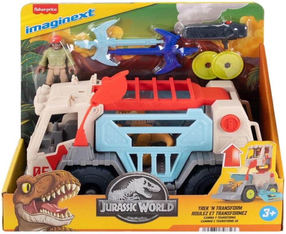Fisher-Price Mattel Imaginext Jurassic World Trek ‘N Transform Toy Vehicle Play Set with Dinosaur, 3-inch Action Figure & Projectile Launcher with Projectiles