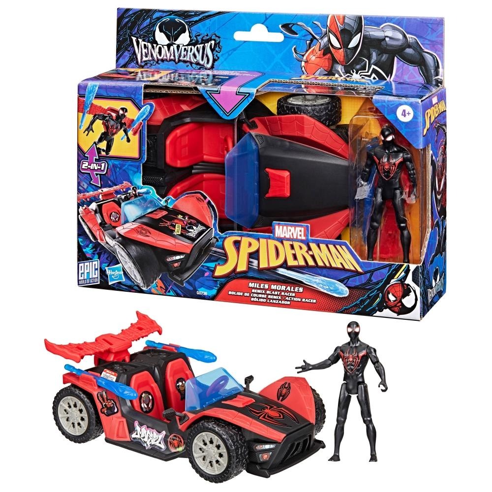 SPIDER-MAN Marvel VenomVersus Epic World of Action Miles Morales Remix Blast Racer 4-Inch (10 CM) Figure & Toy Car, Accessories, Super Hero Toys, 4+