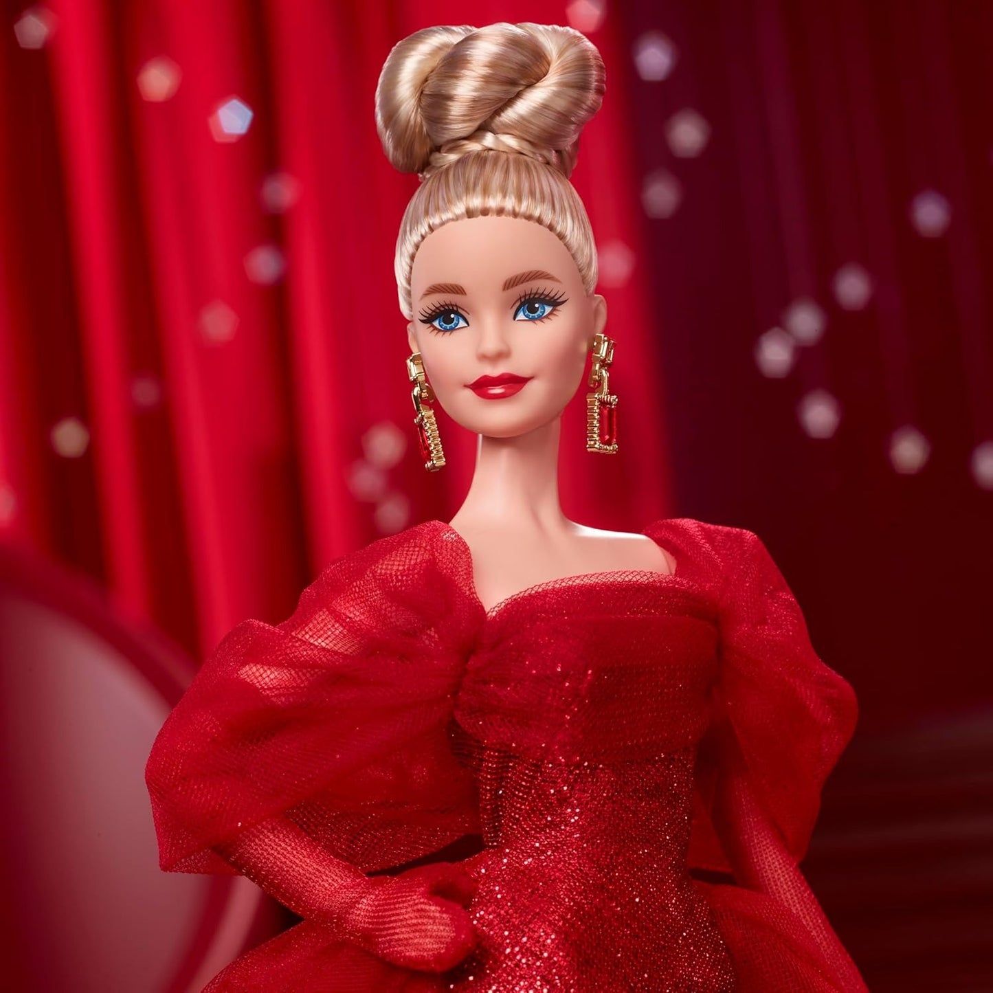 Barbie Signature Doll, Mattel 80th Anniversary Collectible in Glittery Red Tulle Gown with Drop Earrings and Sheer Gloves, Blonde Hair