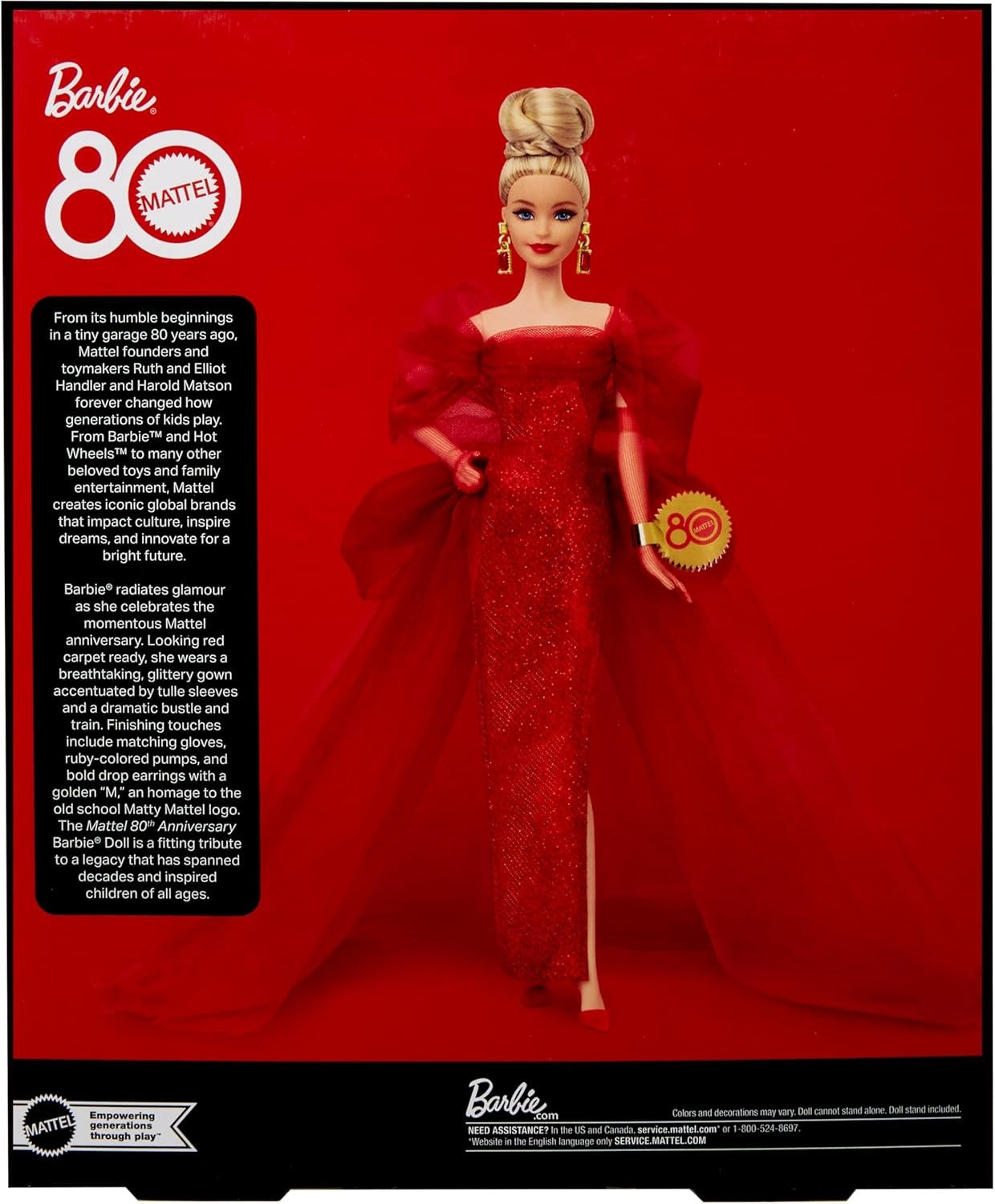 Barbie Signature Doll, Mattel 80th Anniversary Collectible in Glittery Red Tulle Gown with Drop Earrings and Sheer Gloves, Blonde Hair