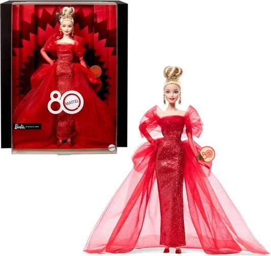 Barbie Signature Doll, Mattel 80th Anniversary Collectible in Glittery Red Tulle Gown with Drop Earrings and Sheer Gloves, Blonde Hair