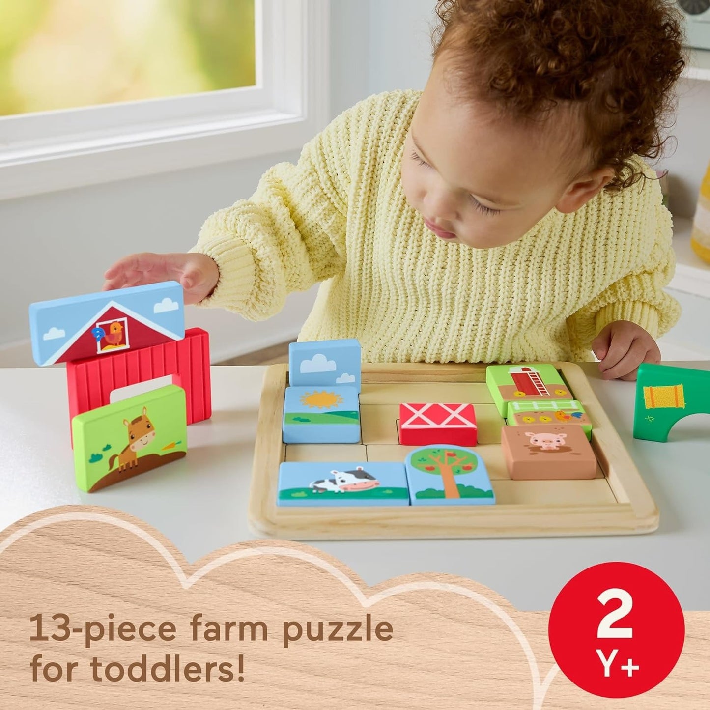 Fisher-Price Wood Toddler Toy Farm Blocks Puzzle, 14-Piece Wooden Activity for Developmental Play Preschool Kids Ages 2+ Years