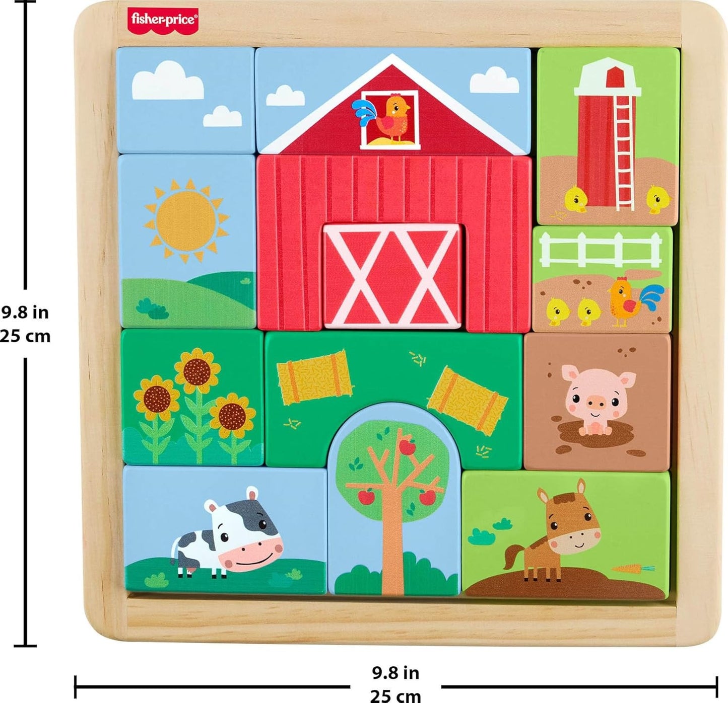 Fisher-Price Wood Toddler Toy Farm Blocks Puzzle, 14-Piece Wooden Activity for Developmental Play Preschool Kids Ages 2+ Years