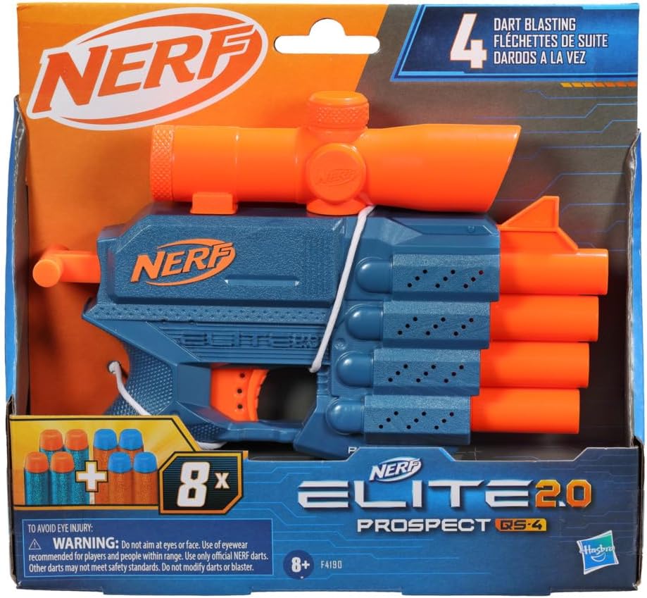 Nerf Elite 2.0 Prospect QS-4 Blaster, 8 Official Nerf Elite Darts, 4-Dart Blasting, Nonremovable Targeting Scope, Pull-Back Priming