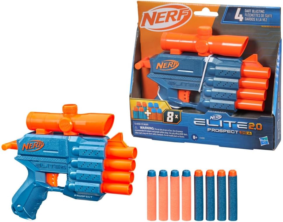 Nerf Elite 2.0 Prospect QS-4 Blaster, 8 Official Nerf Elite Darts, 4-Dart Blasting, Nonremovable Targeting Scope, Pull-Back Priming