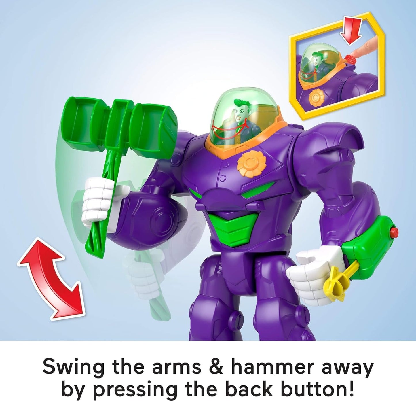 Fisher-Price Imaginext DC Super Friends, The Joker Hammer Mech, 3-inch Action Figure & Accessory Set, 10.5-inch Toy Includes Launcher, Projectile & Eject