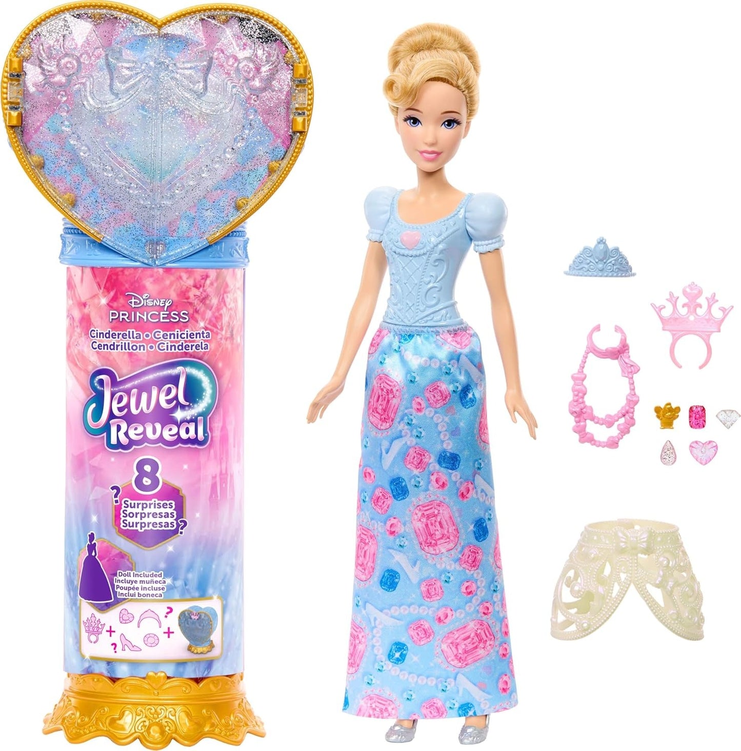 Mattel Disney Princess Cinderella Fashion Doll & Accessories with 8 Surprises, Including Heart Gem Box, Ring for Child & 9 Pieces, Inspired by Movie