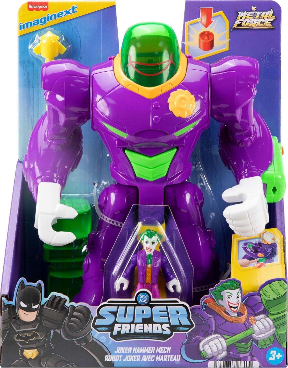 Fisher-Price Imaginext DC Super Friends, The Joker Hammer Mech, 3-inch Action Figure & Accessory Set, 10.5-inch Toy Includes Launcher, Projectile & Eject