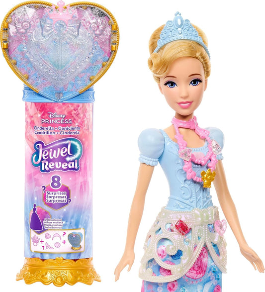 Mattel Disney Princess Cinderella Fashion Doll & Accessories with 8 Surprises, Including Heart Gem Box, Ring for Child & 9 Pieces, Inspired by Movie