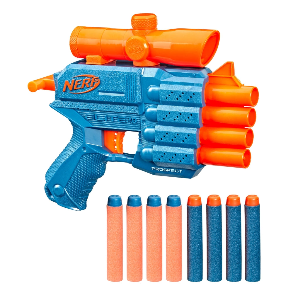 Nerf Elite 2.0 Prospect QS-4 Blaster, 8 Official Nerf Elite Darts, 4-Dart Blasting, Nonremovable Targeting Scope, Pull-Back Priming