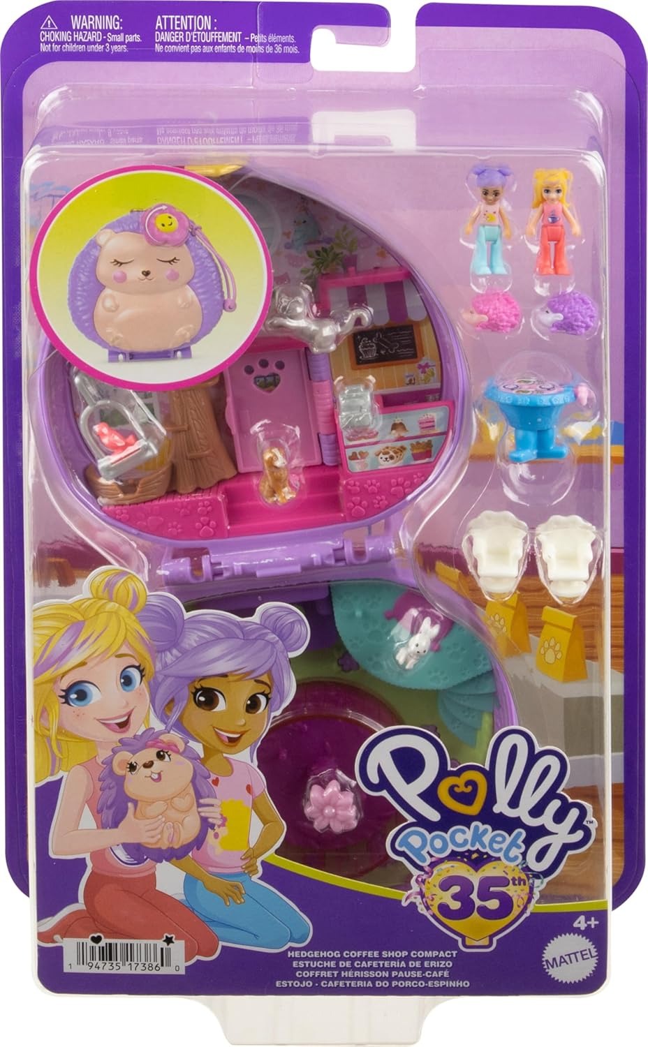 Polly Pocket Playset, Hedgehog Coffee Shop Compact with 2 Micro Dolls & 10 Accessories, Travel Toy with Fidget Exterior