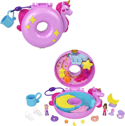 Polly Pocket Sparkle Cove Adventure Unicorn Floatie Compact Playset with 2 Micro Dolls & 12 Accessories, Including 2 with Color Change