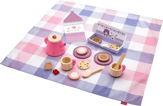 Fisher-Price Wood Pretend Play Toy Picnic Tea Set, 18-Pieces with Blanket, Wooden Cups Saucers & Food for Preschool Kids Ages 3+ Years