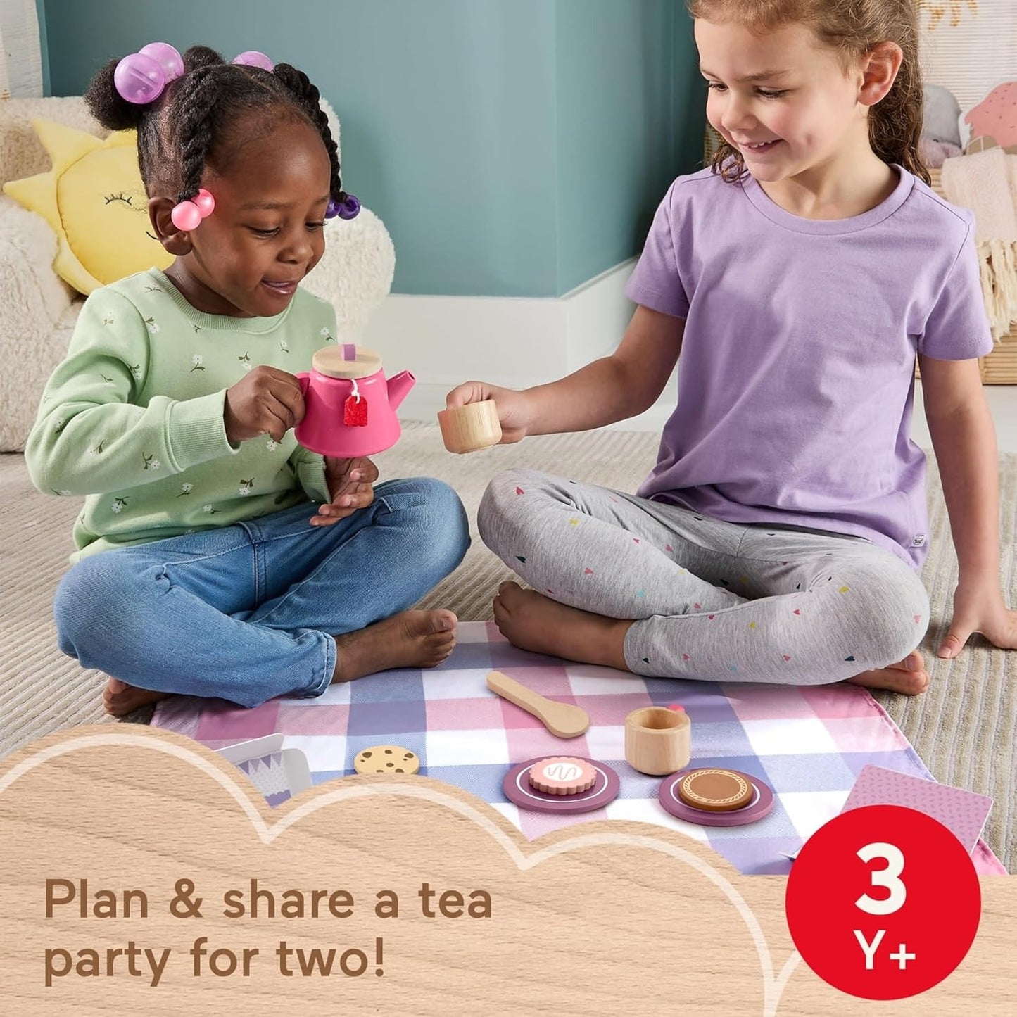 Fisher-Price Wood Pretend Play Toy Picnic Tea Set, 18-Pieces with Blanket, Wooden Cups Saucers & Food for Preschool Kids Ages 3+ Years