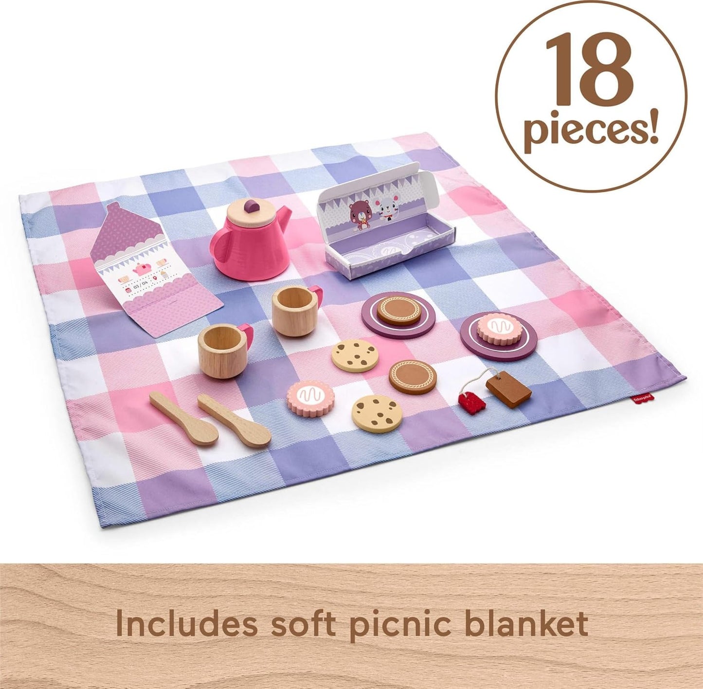 Fisher-Price Wood Pretend Play Toy Picnic Tea Set, 18-Pieces with Blanket, Wooden Cups Saucers & Food for Preschool Kids Ages 3+ Years