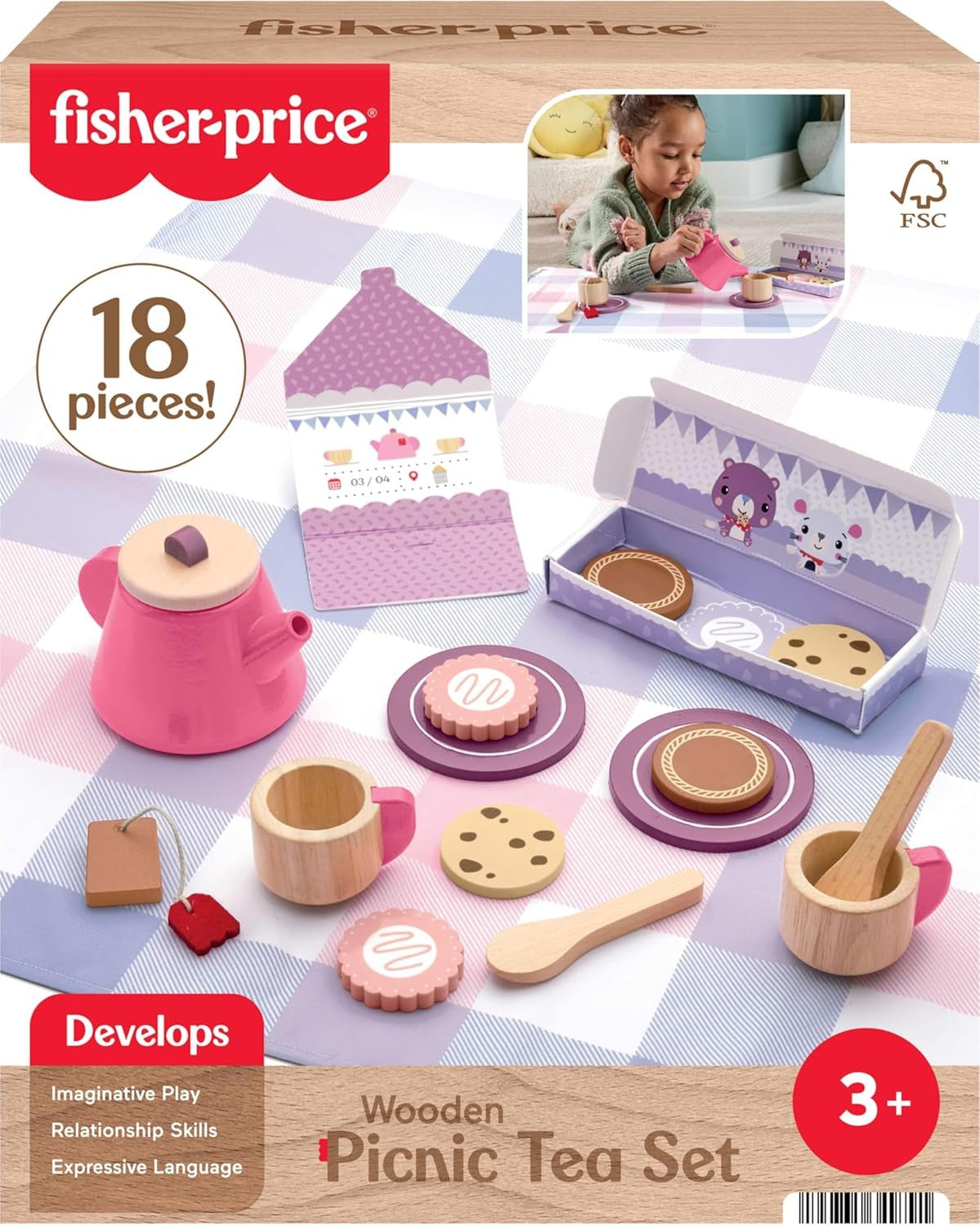 Fisher-Price Wood Pretend Play Toy Picnic Tea Set, 18-Pieces with Blanket, Wooden Cups Saucers & Food for Preschool Kids Ages 3+ Years