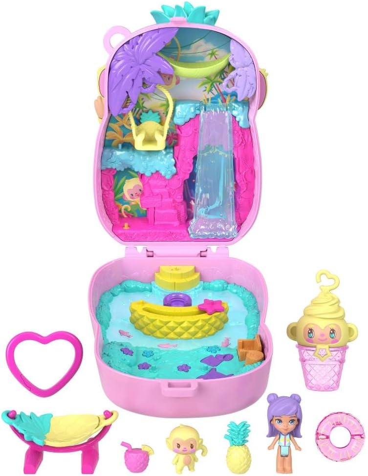 Polly Pocket Dolls and Playset, Pineapple Monkey Compact, Travel Toy with 1 Micro Doll, Pet, Hammock, Fruit Themed Accessories