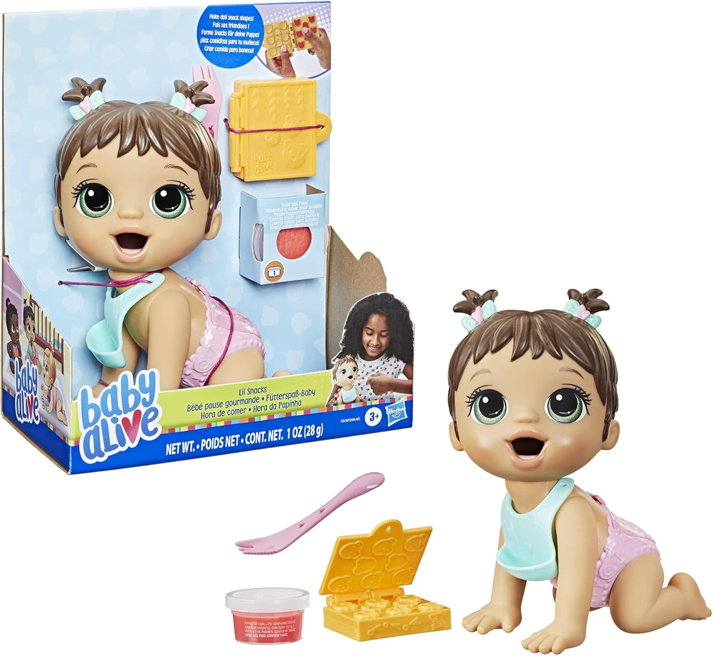 Baby Alive Lil Snacks Doll, Eats and Poops, Snack-Themed 8-Inch Baby Doll, Snack Box Mold, Toy for Kids Ages 3 and Up, Brown Hair