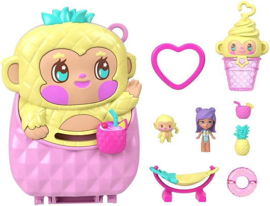 Polly Pocket Dolls and Playset, Pineapple Monkey Compact, Travel Toy with 1 Micro Doll, Pet, Hammock, Fruit Themed Accessories