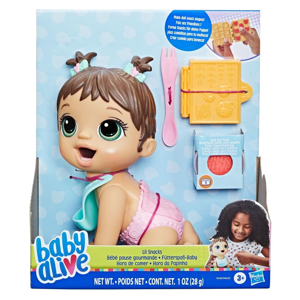Baby Alive Lil Snacks Doll, Eats and Poops, Snack-Themed 8-Inch Baby Doll, Snack Box Mold, Toy for Kids Ages 3 and Up, Brown Hair