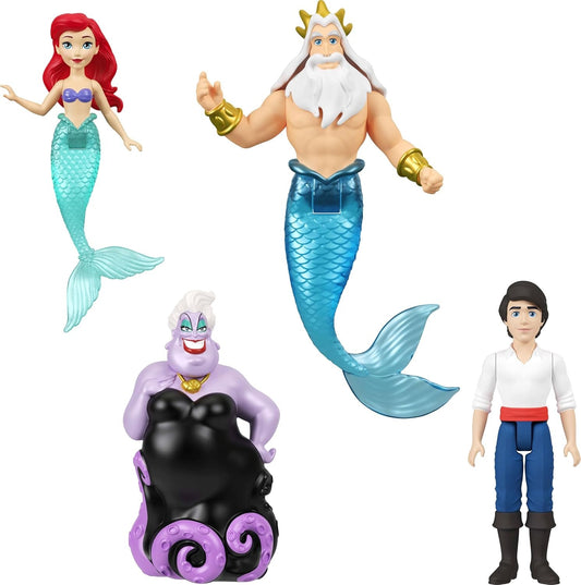 Mattel Disney Princess Toys, Small Doll 4-Pack with Mermaid Ariel, Prince Eric, Ursula & King Triton, Plus Trident Accessory, Inspired by Movie