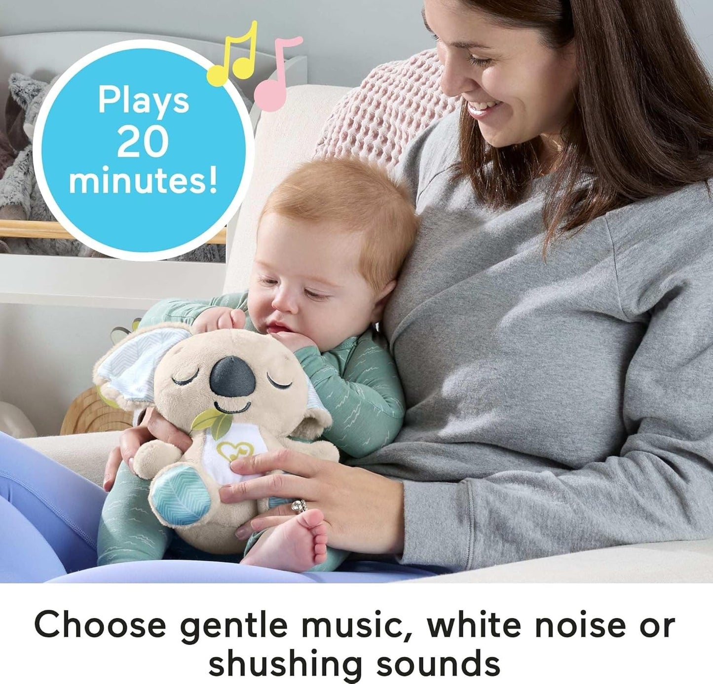 Fisher-Price Baby Toy On-The-Go Koala Soother, Plush Portable Sound Machine with White Noise & Music for Newborns Ages 0+ Months