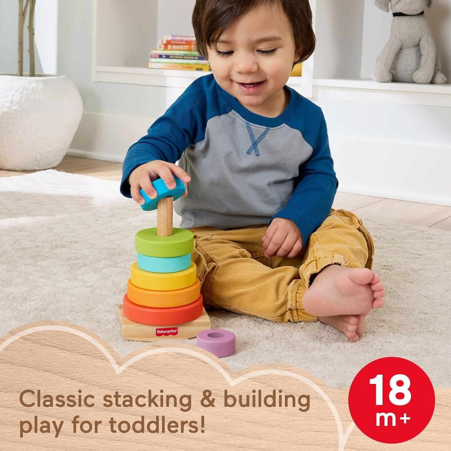 Fisher-Price Wood Toddler Toy Rock-a-Stack, 8-Piece Wooden Ring Stacking Activity for Fine Motor Skill Development Kids Ages 18+ Months