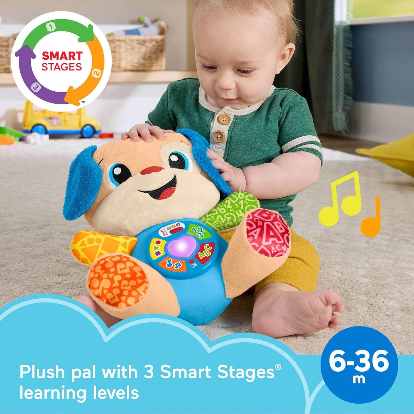 Fisher-Price Baby Learning Toy Laugh & Learn Smart Stages Puppy Musical Plush with Smart Stages for Infants Ages 6+ Months, Multilanguage Version