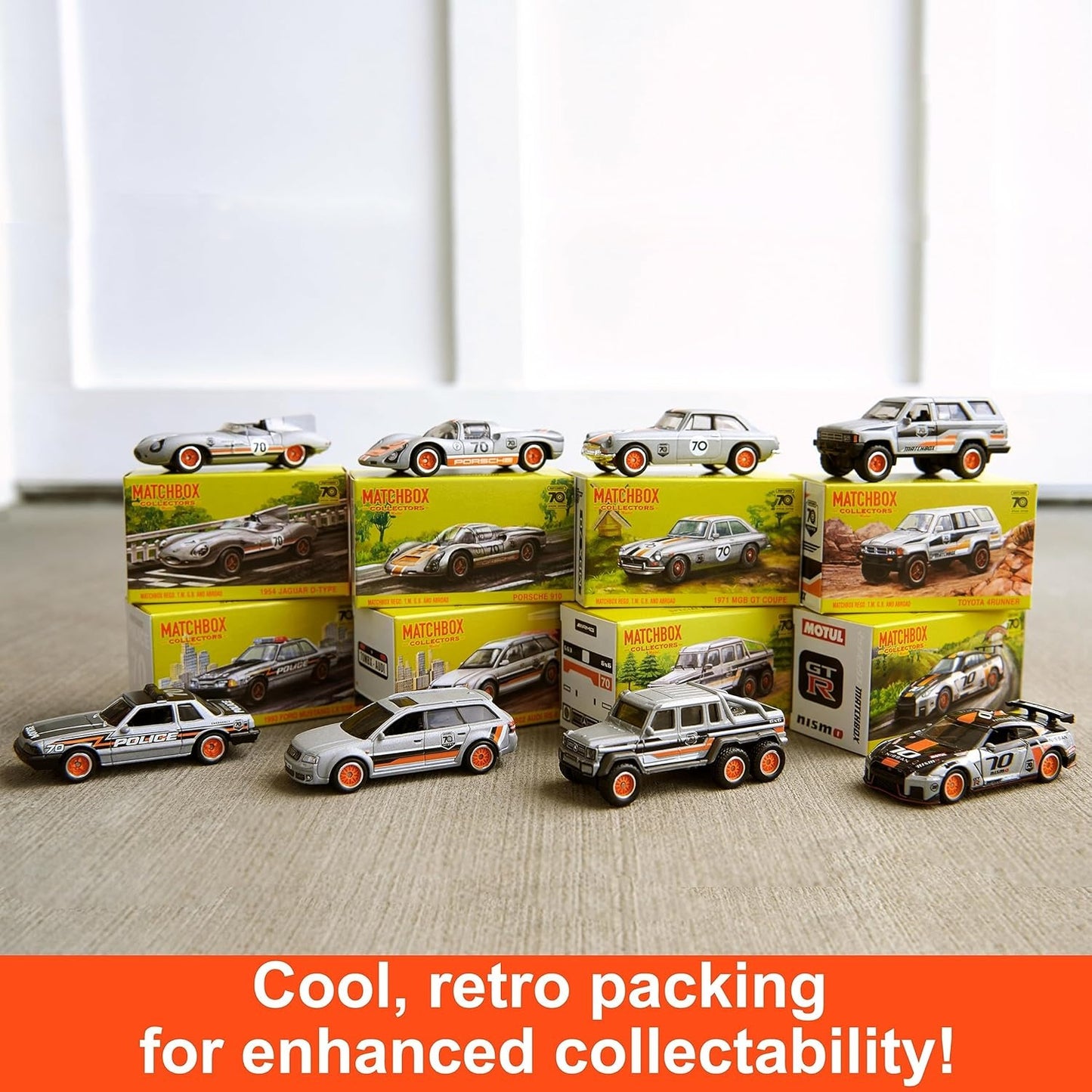 Matchbox Cars, Set of 8 Die-Cast Cars in 1:64 Scale with Premium Decos Including 1 Exclusive Vehicle, True Grip Tires, Platinum-Tone Finish, For Collectors