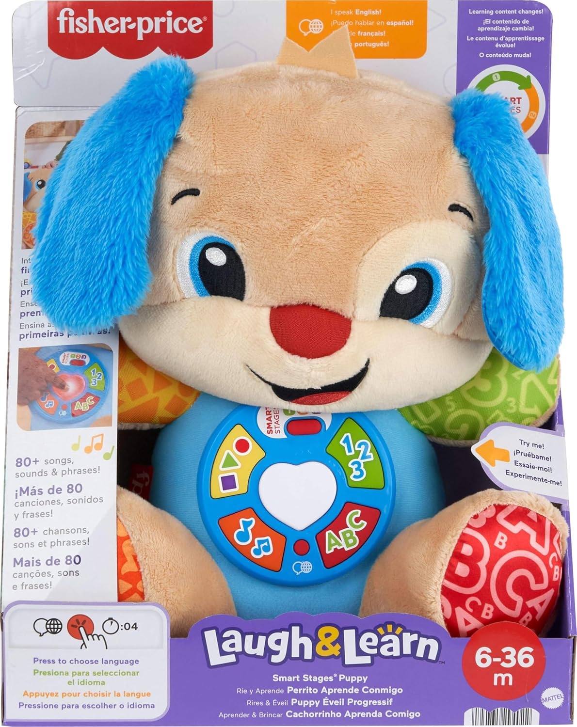 Fisher-Price Baby Learning Toy Laugh & Learn Smart Stages Puppy Musical Plush with Smart Stages for Infants Ages 6+ Months, Multilanguage Version