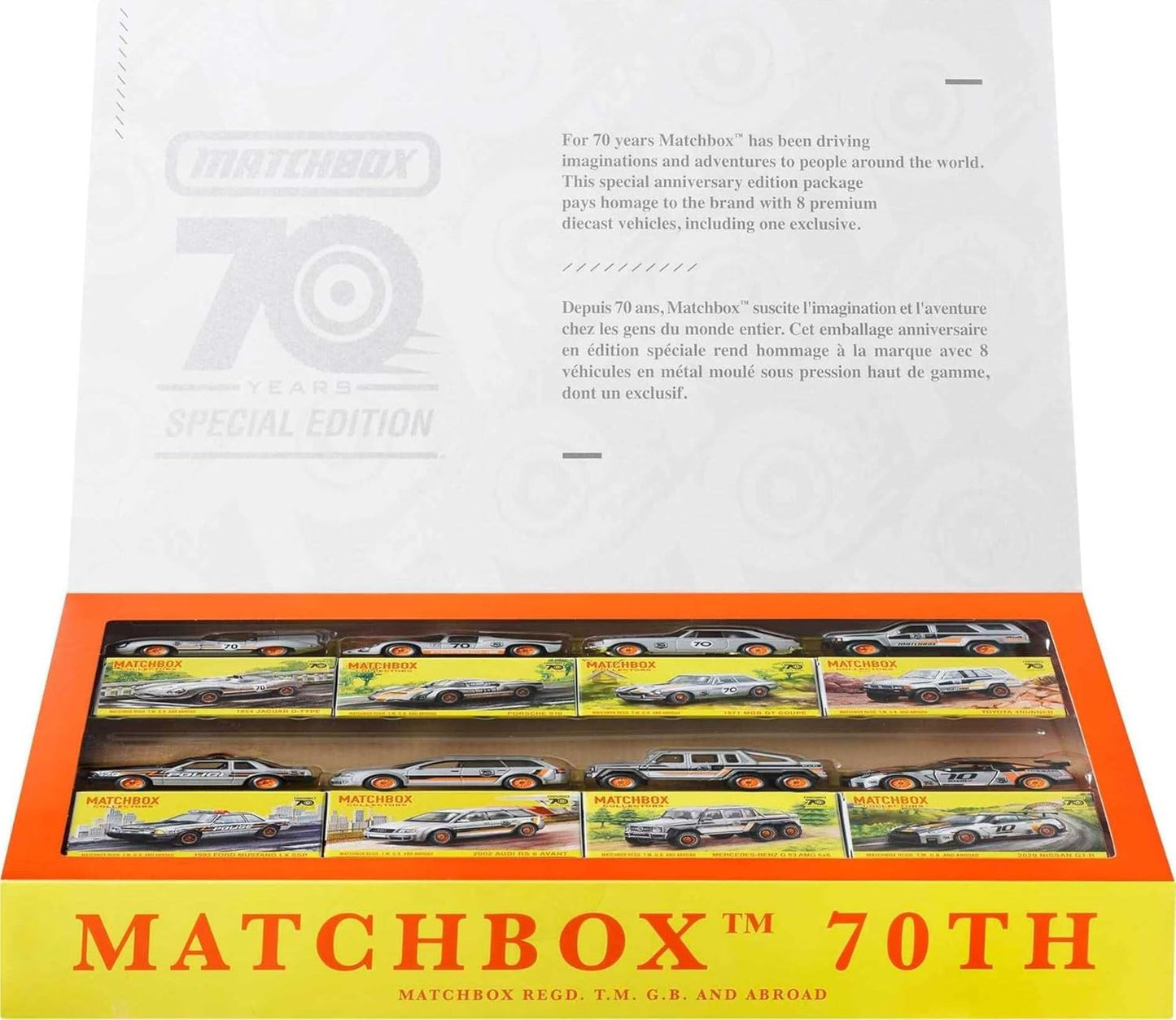 Matchbox Cars, Set of 8 Die-Cast Cars in 1:64 Scale with Premium Decos Including 1 Exclusive Vehicle, True Grip Tires, Platinum-Tone Finish, For Collectors
