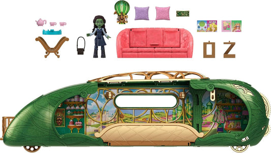 Mattel Universal Pictures’ Wicked Emerald City Train Playset with Elphaba Small Doll, 3 Play Spaces & 14 Accessories, Inspired by The Movie