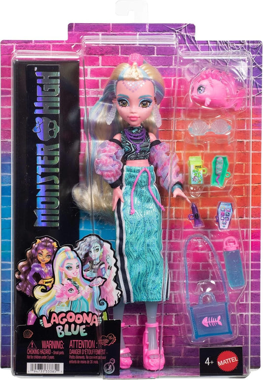 Monster High Doll, Lagoona Blue in Crop Top and Sporty Maxi Skirt with Pet Fish Neptuna and 7 Accessories Like Shell Sunglasses, Snack and Purse