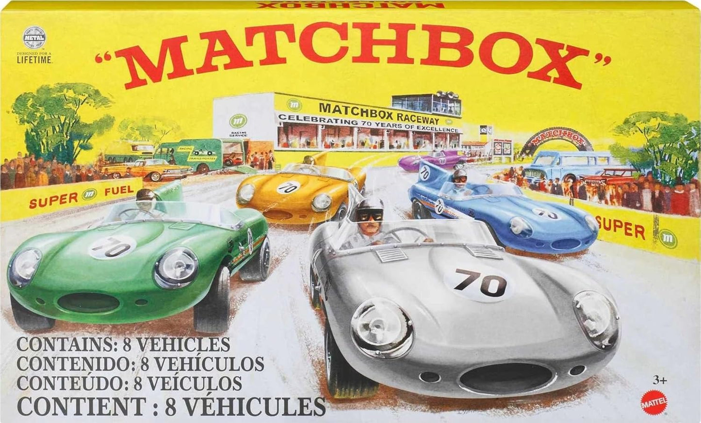 Matchbox Cars, Set of 8 Die-Cast Cars in 1:64 Scale with Premium Decos Including 1 Exclusive Vehicle, True Grip Tires, Platinum-Tone Finish, For Collectors