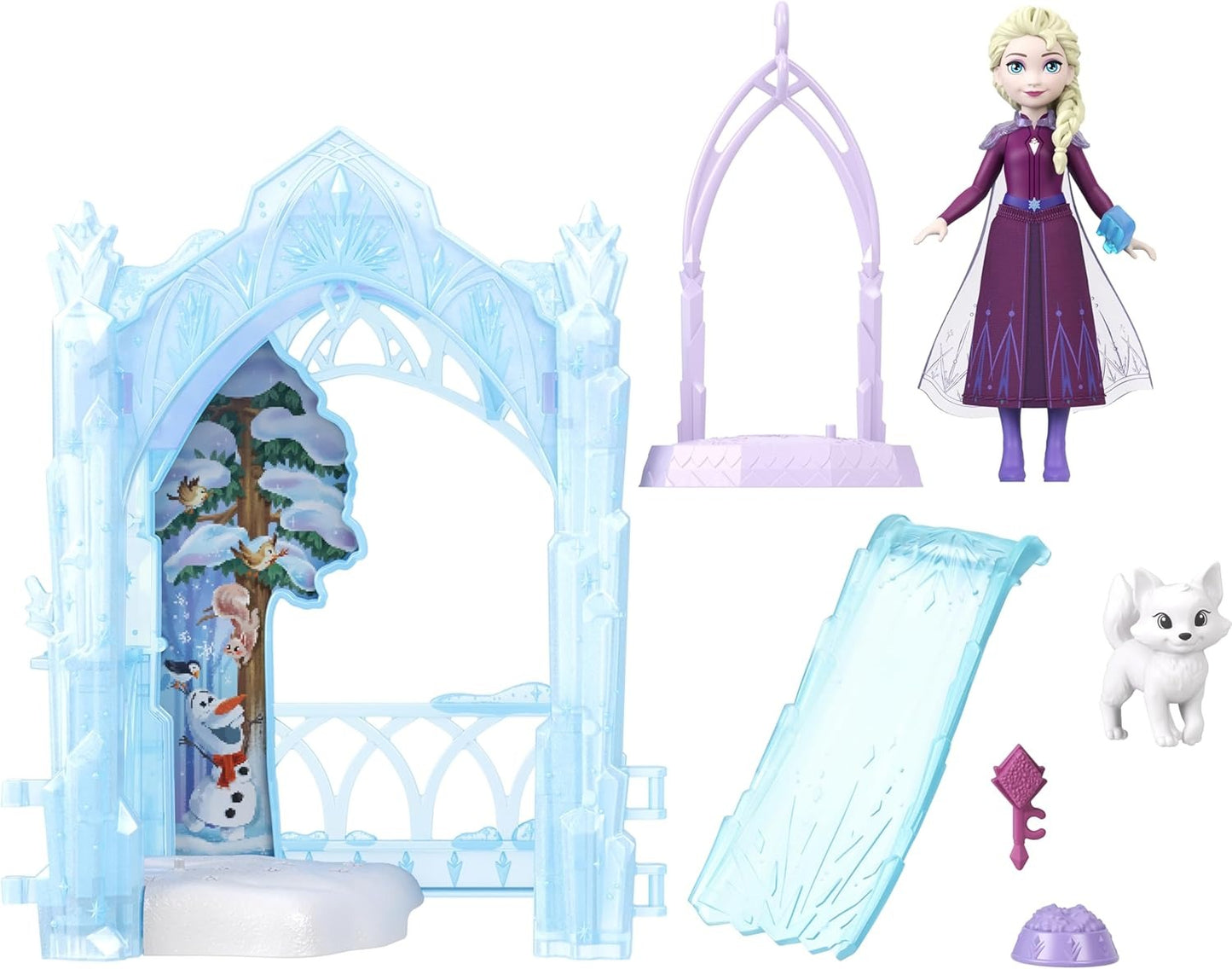 Mattel Disney Frozen Elsa Small Doll & Winter Animal Playset with Fox and Bird Figures, Slide & Accessories, Storytime Stackers ICY Animal Hideaway