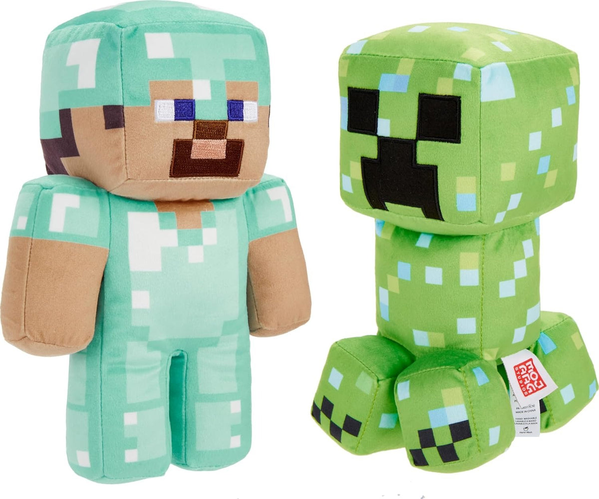 Stuffed Minecraft Ravage Mattel Minecraft Plush Figure 2-Pack, Steve in Diamond Armor & Charged ...