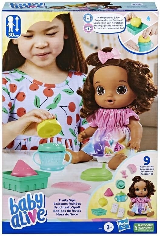 Baby Alive Fruity Sips Doll, Lemon, Toys for 3 Year Old Girls, 12-inch Baby Doll Set, Drinks & Wets, Pretend Juicer, Kids 3 and Up, Brown Hair