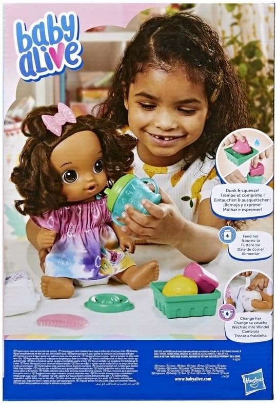 Baby Alive Fruity Sips Doll, Lemon, Toys for 3 Year Old Girls, 12-inch Baby Doll Set, Drinks & Wets, Pretend Juicer, Kids 3 and Up, Brown Hair